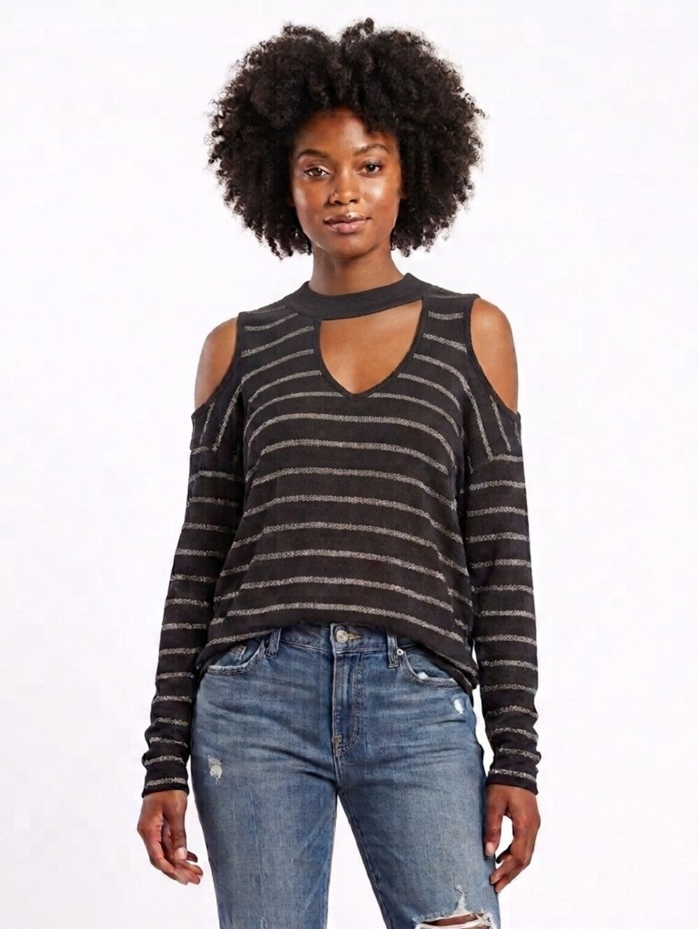 LNA Black Metallic Silver Striped Choker Cutout Cold Shoulder Sweater Top-Large